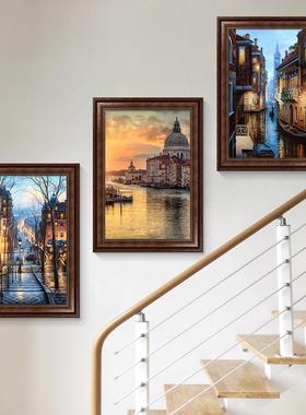 别墅楼梯间三联美式油画客厅装饰画走廊过道欧式壁画复式楼道挂画