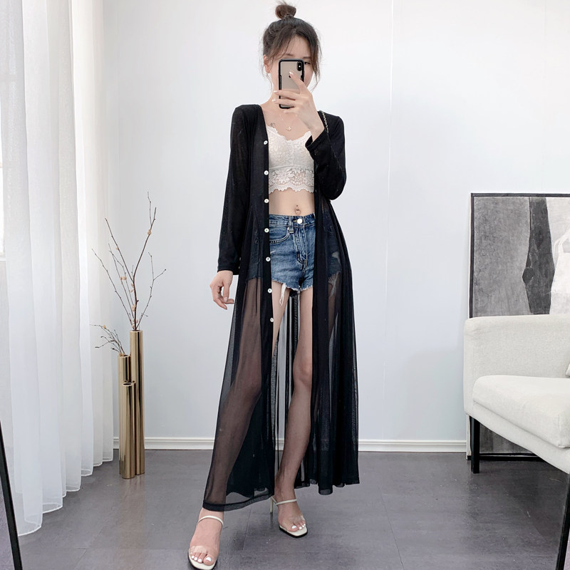 针织衫开衫女超长款黑色披肩网纱防晒衣春夏季长袖薄款外套空调衫