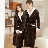 秋冬情侣睡袍加厚法兰绒浴袍珊瑚绒男女浴衣加绒加长款 睡衣加大码