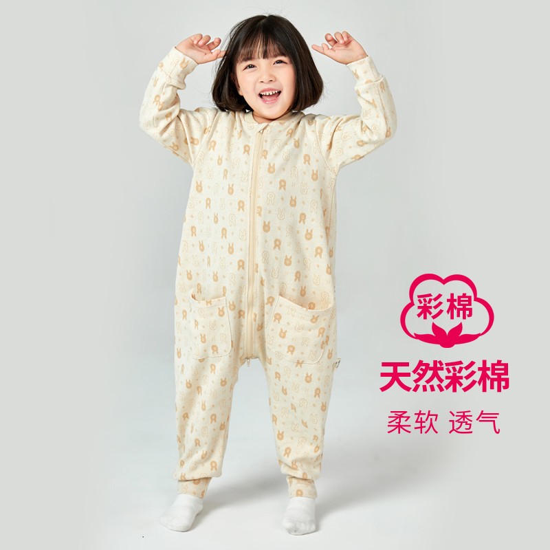 儿童连体睡衣女童防踢睡衣春秋宝宝纯棉大童连体服薄款空调服长袖