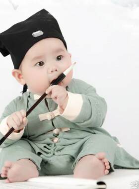 周岁摄影中式书生帽复古装汉服儿童拍照古风百天半岁儿童国学服装
