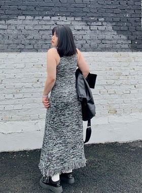 小胖噔复古机车皮衣针织连衣裙套装女秋季微胖大码外套裙子两件套