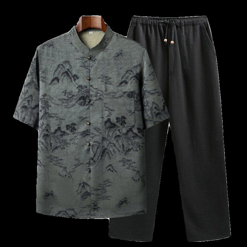 丝绸唐装男中老年人短袖爸爸夏装薄款套装中国风爷爷休闲夏天衣服,男装,唐装,淘宝优惠券,粉丝福利购,淘宝优惠卷