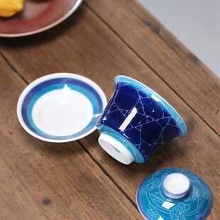 90年代老彩瓷厂陶瓷 传统潮州功夫茶具手绘小盖碗 三才杯 泡茶碗