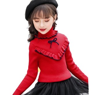 女童毛衣套头加绒加厚2021新款洋气冬针织线衫高领打底衫棉中大童