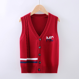 男童新款全棉开衫背心2023秋中大童针织毛衣男孩加绒加厚V领马甲