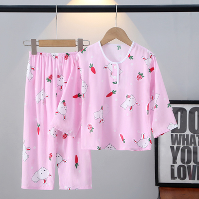 夏季棉绸儿童睡衣套装男童女童小孩宝宝绵绸长袖长裤薄空调家居服