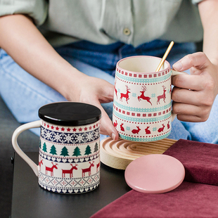 西比尔 圣诞家用办公室马克杯带盖勺大容量陶瓷杯子咖啡杯水杯女