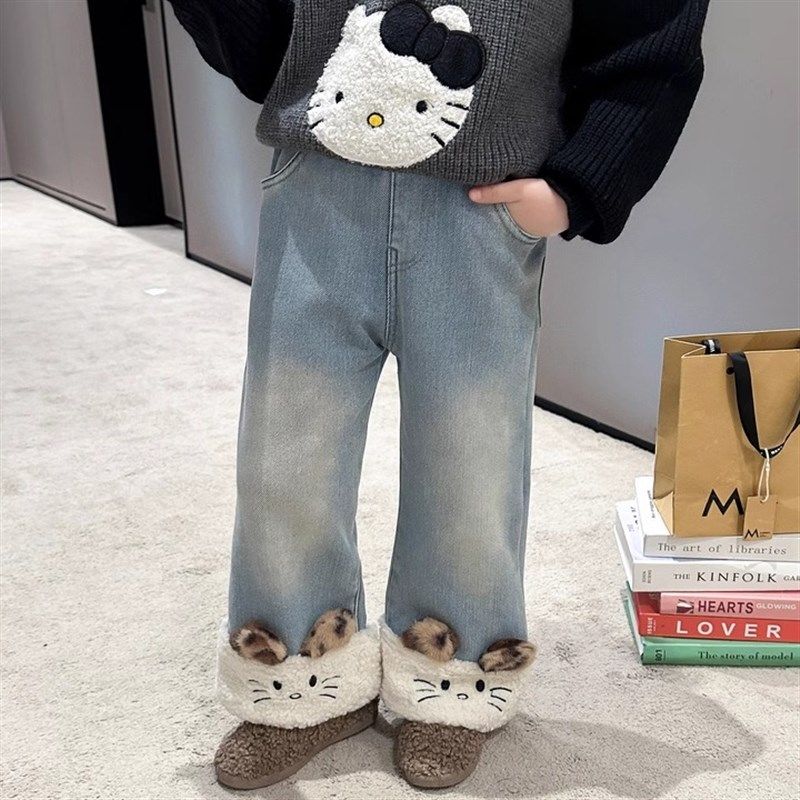 女童牛仔裤秋冬2024新款儿童猫咪冬季女宝宝休闲加绒加厚直筒裤子