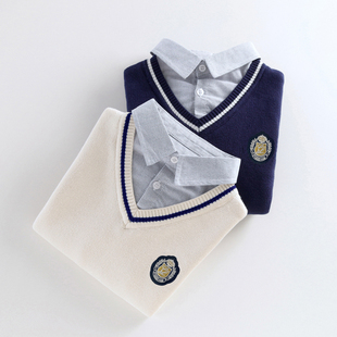 男童假两件衬衫毛衣套头秋冬款儿童加绒加厚中大童男孩针织打底衫