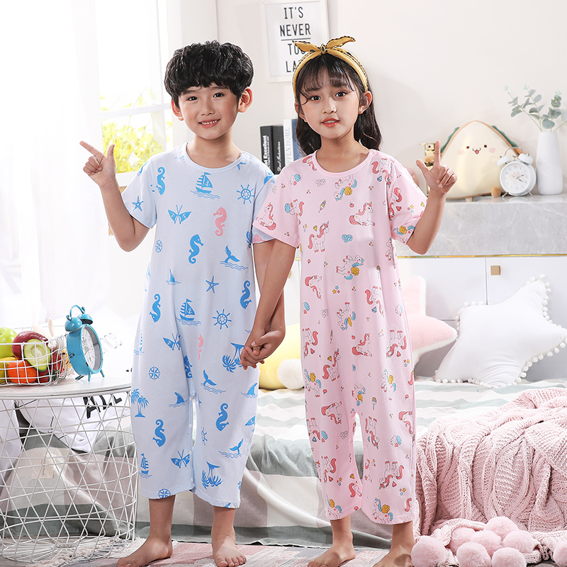 儿童连体睡衣夏季薄款纯棉男童女童中大童大童宝宝短袖防踢连体衣