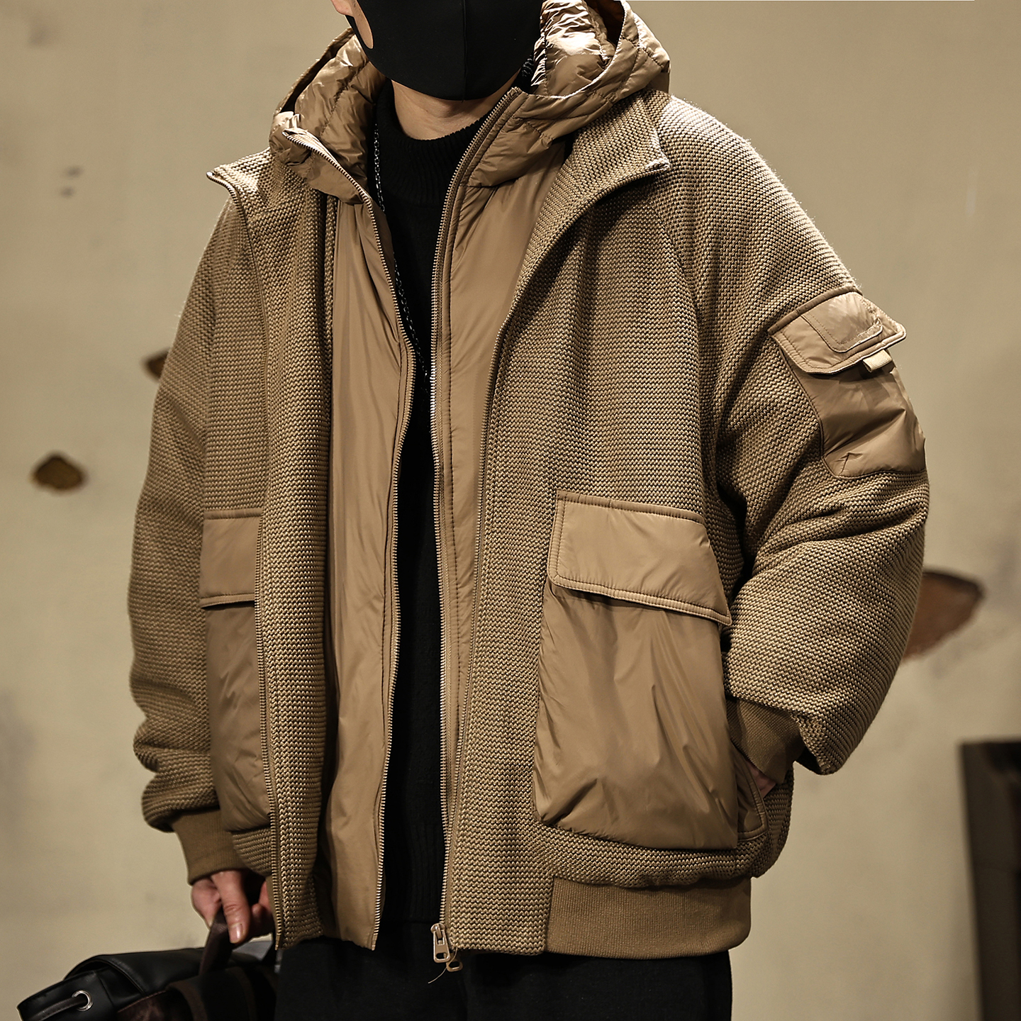 【90白鸭绒假两件针织羽绒服男】