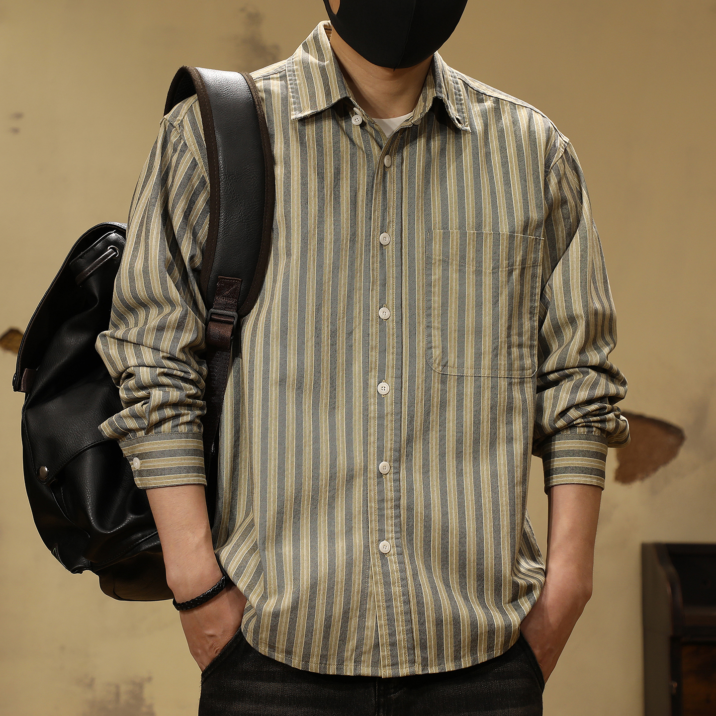 【美式重磅纯棉长袖条纹衬衫男】