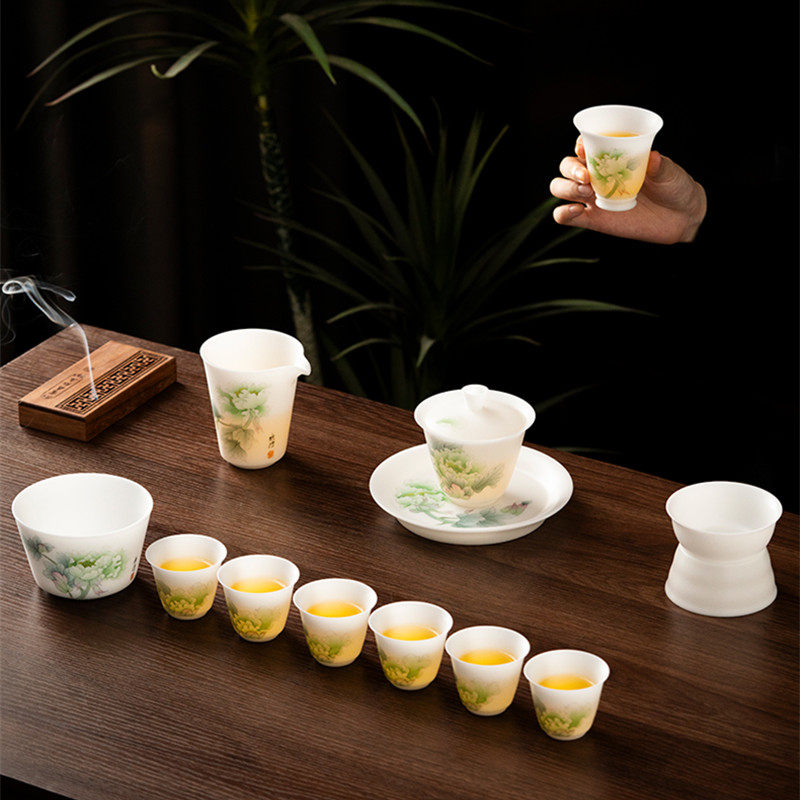 花团锦簇手绘冰种玉瓷功夫茶具套装家用高档礼品送领导长辈伴手礼