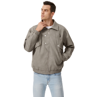 春秋季机车夹克男硬汉型宽松外套2025美式复古翻领工装多口袋皮衣