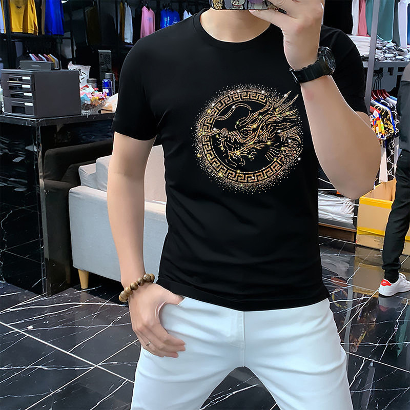 烫钻龙头短袖t恤男夏季新款高档圆领男丝光棉中国风闪钻卡通半袖