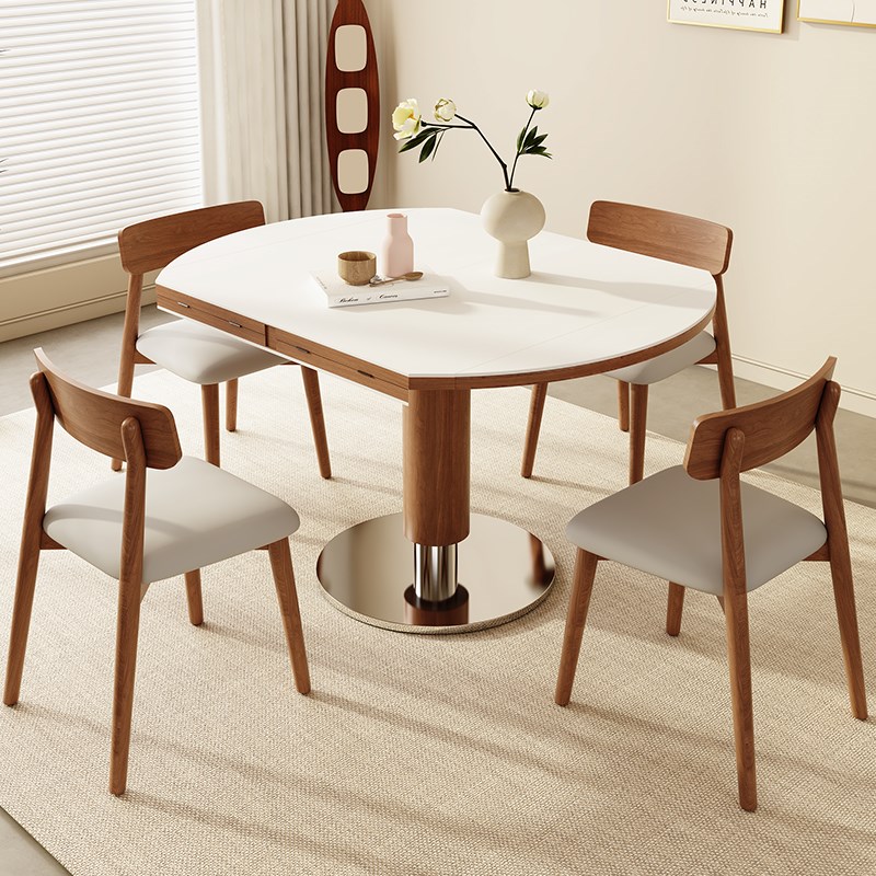 复古北欧简约风家用岩板实木x折叠餐桌椅组合小户型多功能吃饭桌