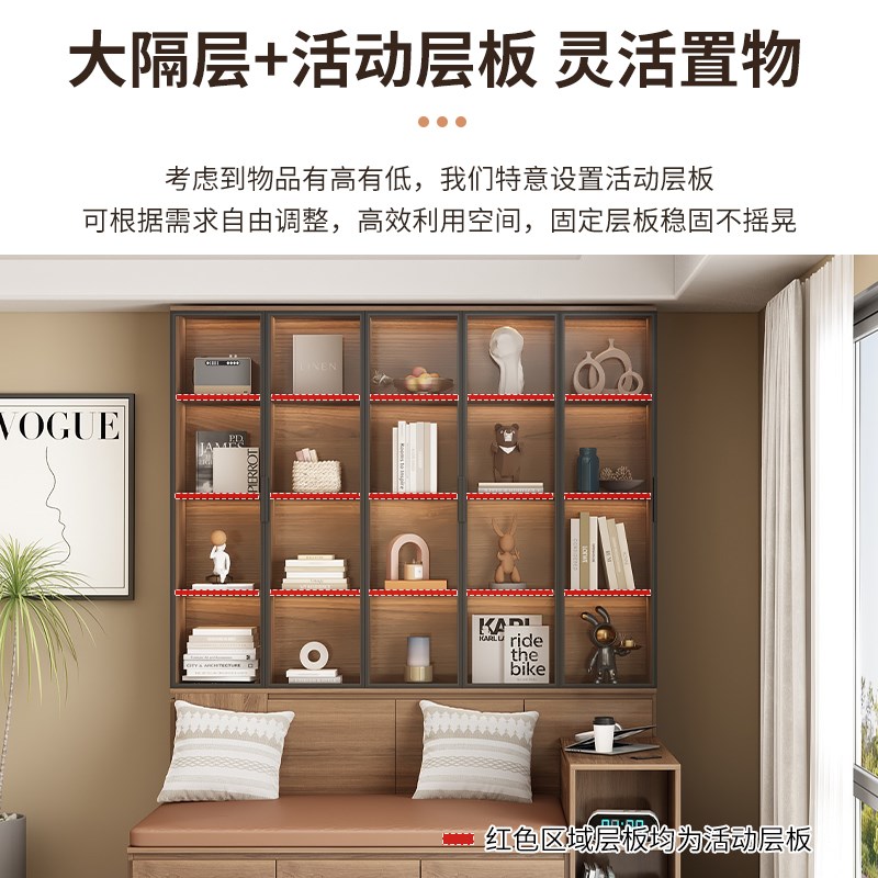 卡座书柜客厅一体满墙书柜中古风家用可定N制沙发一体实木储物柜