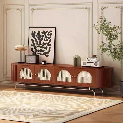 北欧实木藤编电视柜小户型客厅法式中古J电视机柜收纳柜家用电视