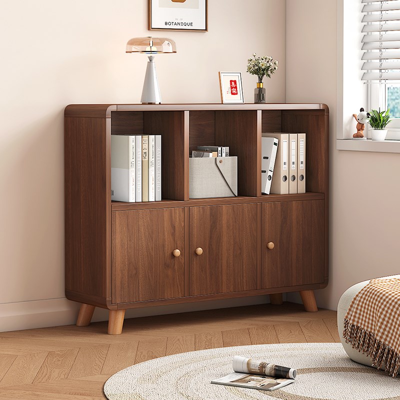 胡桃木色儿童f实木书架简约落地书柜学生教室矮柜置物架圆角格子