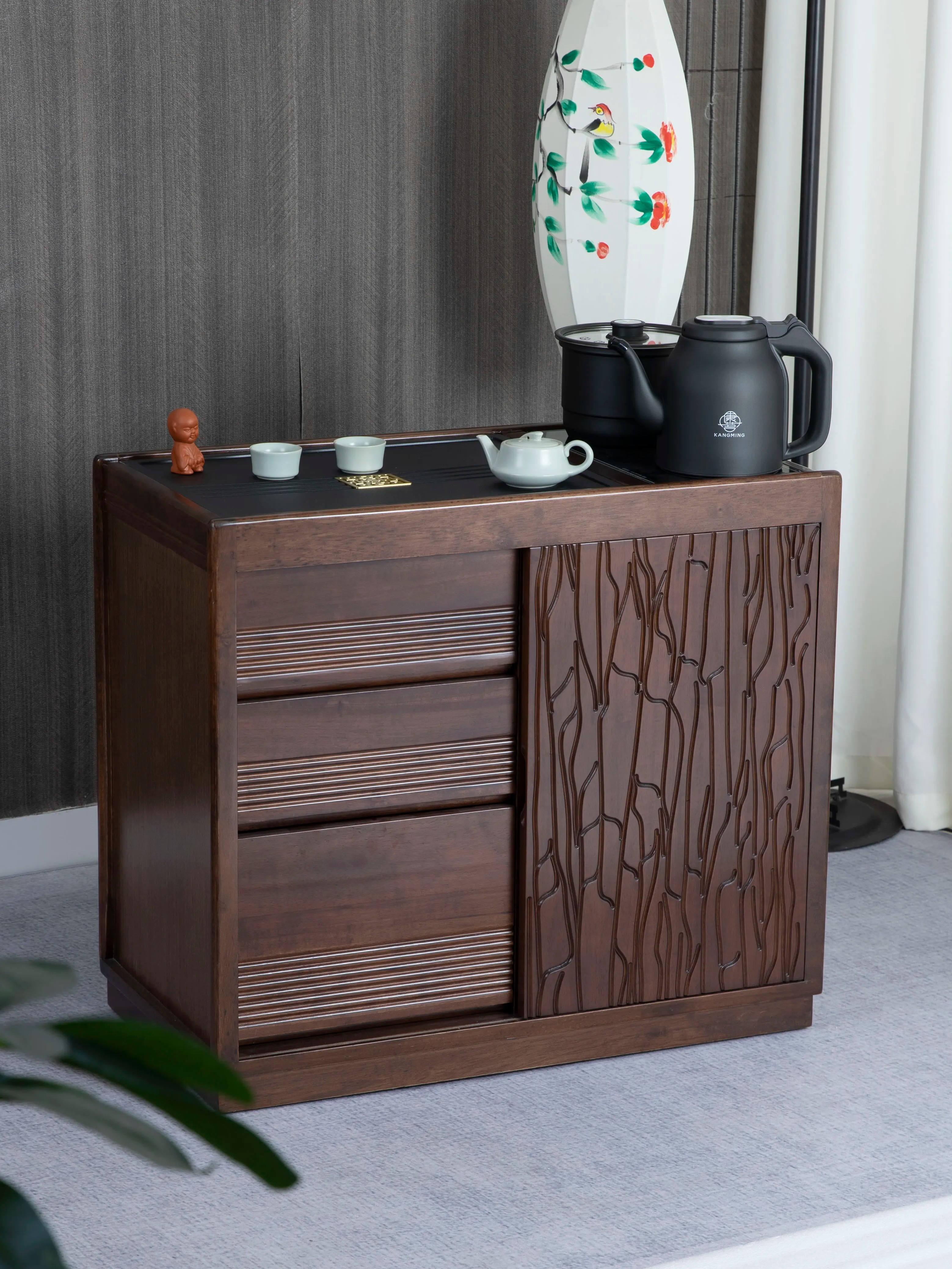 乌檀木茶水柜简约多功能侧边柜新中式茶几烧水一体带轮可移动茶台