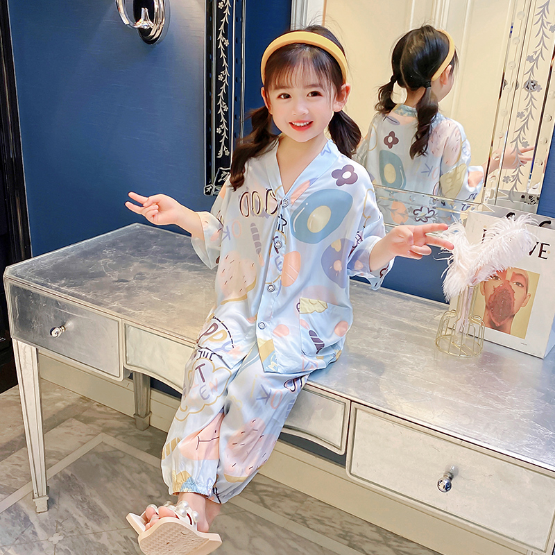 女童棉绸睡衣薄款夏季短袖小孩儿童中大绵绸空调家居服笑脸瓶套装