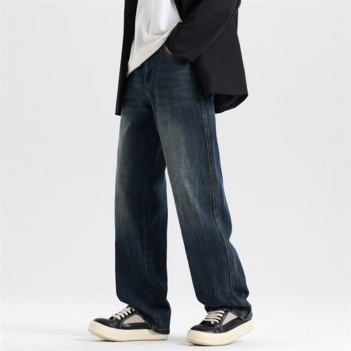 2024新款水洗马骝工艺牛仔裤直筒男裤秋冬猫须扎花裤子宽松阔腿裤