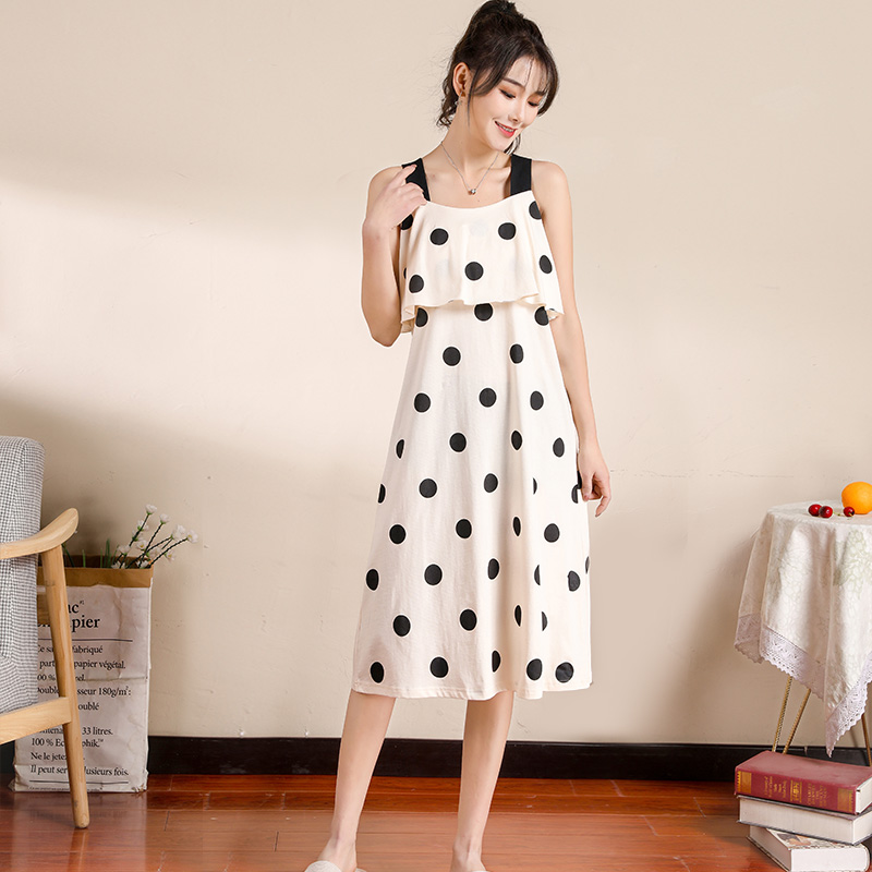 睡裙女吊带夏季纯棉可爱甜美大码长裙针织棉薄款睡衣女春秋家居服