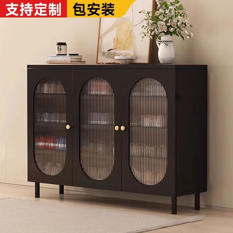 新款复古黑色鞋柜门口家用藤编门黑色鞋柜中古风入户门鞋柜大容量