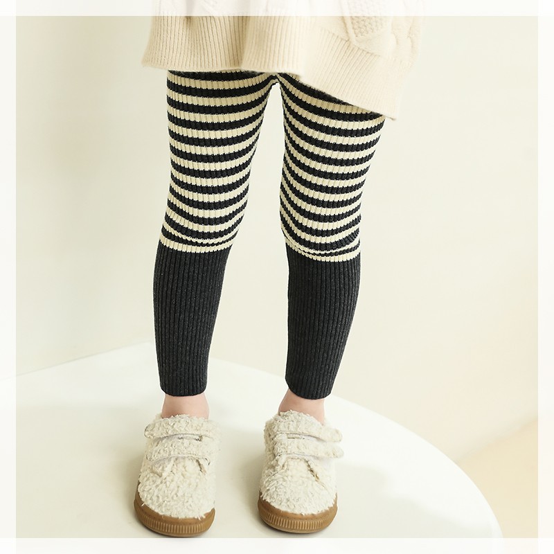 女童打底裤秋冬装外穿加绒加厚洋气条纹毛线裤子宝宝时髦百搭长裤