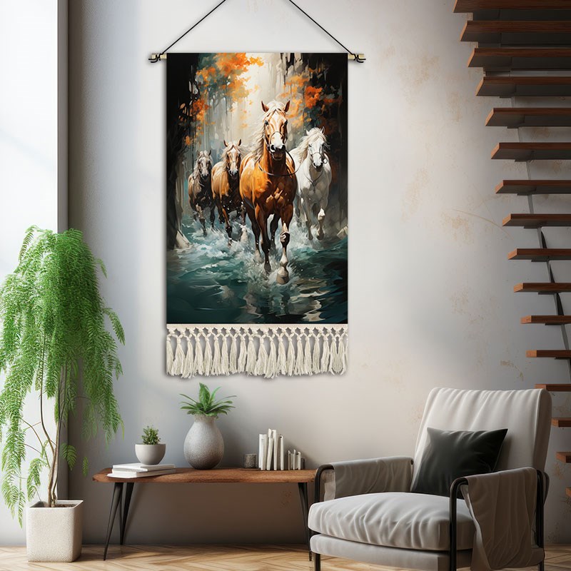 油画奔腾马挂画布艺卧室客厅装饰画玄关入户挂毯酒店大堂挂布定制图片
