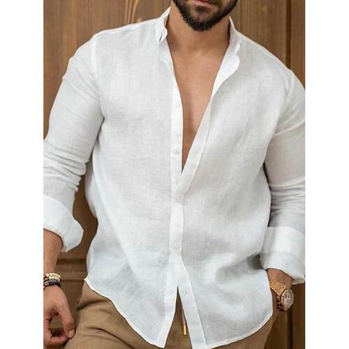 2024 Cotton Linen Solid Men's Shirt Youth Leisure男士衬