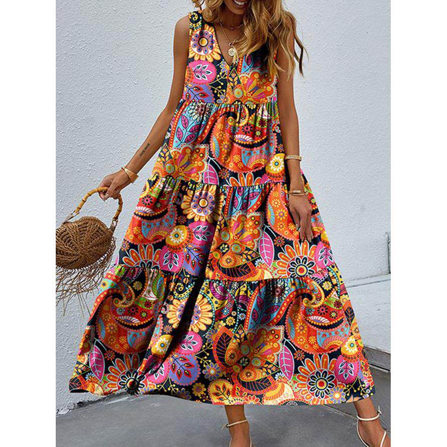 Plus size women's long skirt loose floral collar vest l图片