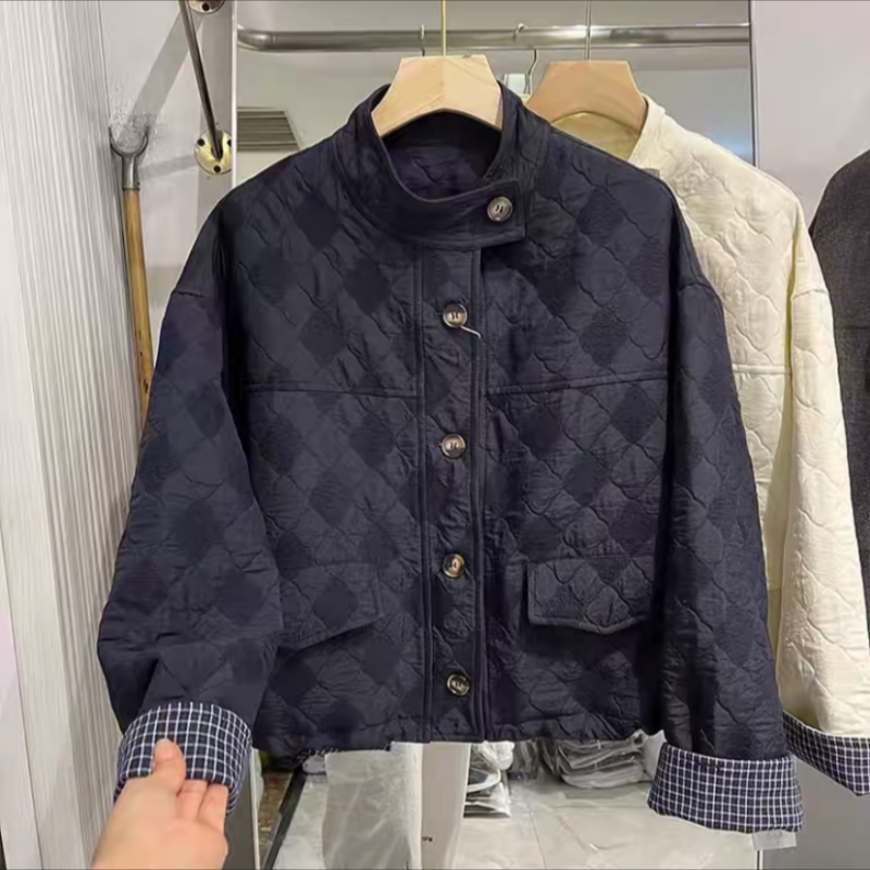 时尚菱形格立领棉服外套女
