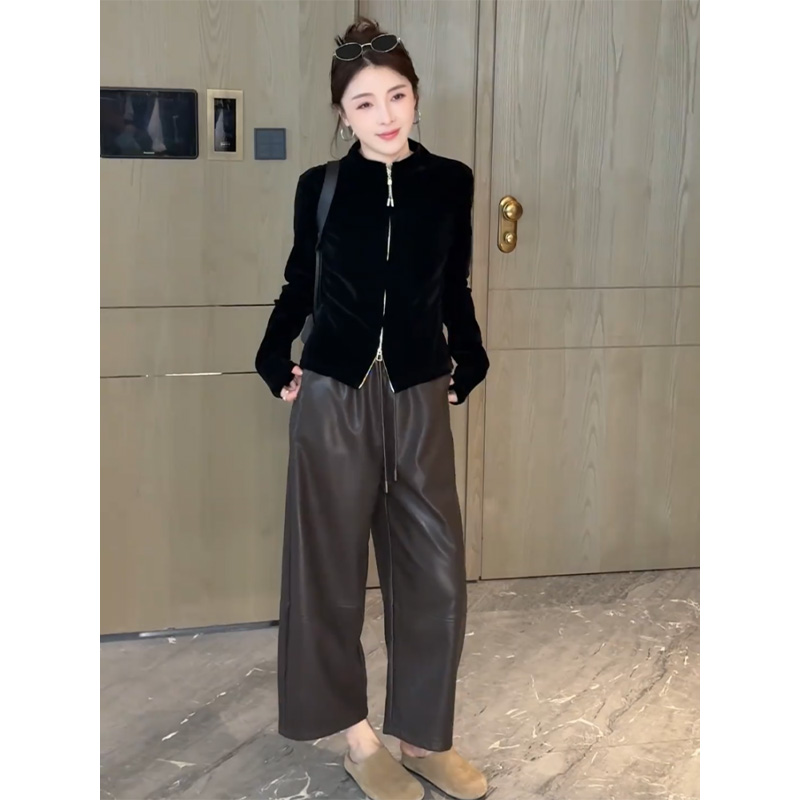 丝绒立领外套PU皮裤两件套