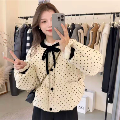 系灯芯绒系带印花羽绒服