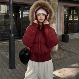 美式大毛领连帽羽绒服女2025冬季新款时尚重工烫钻满天星保暖外套