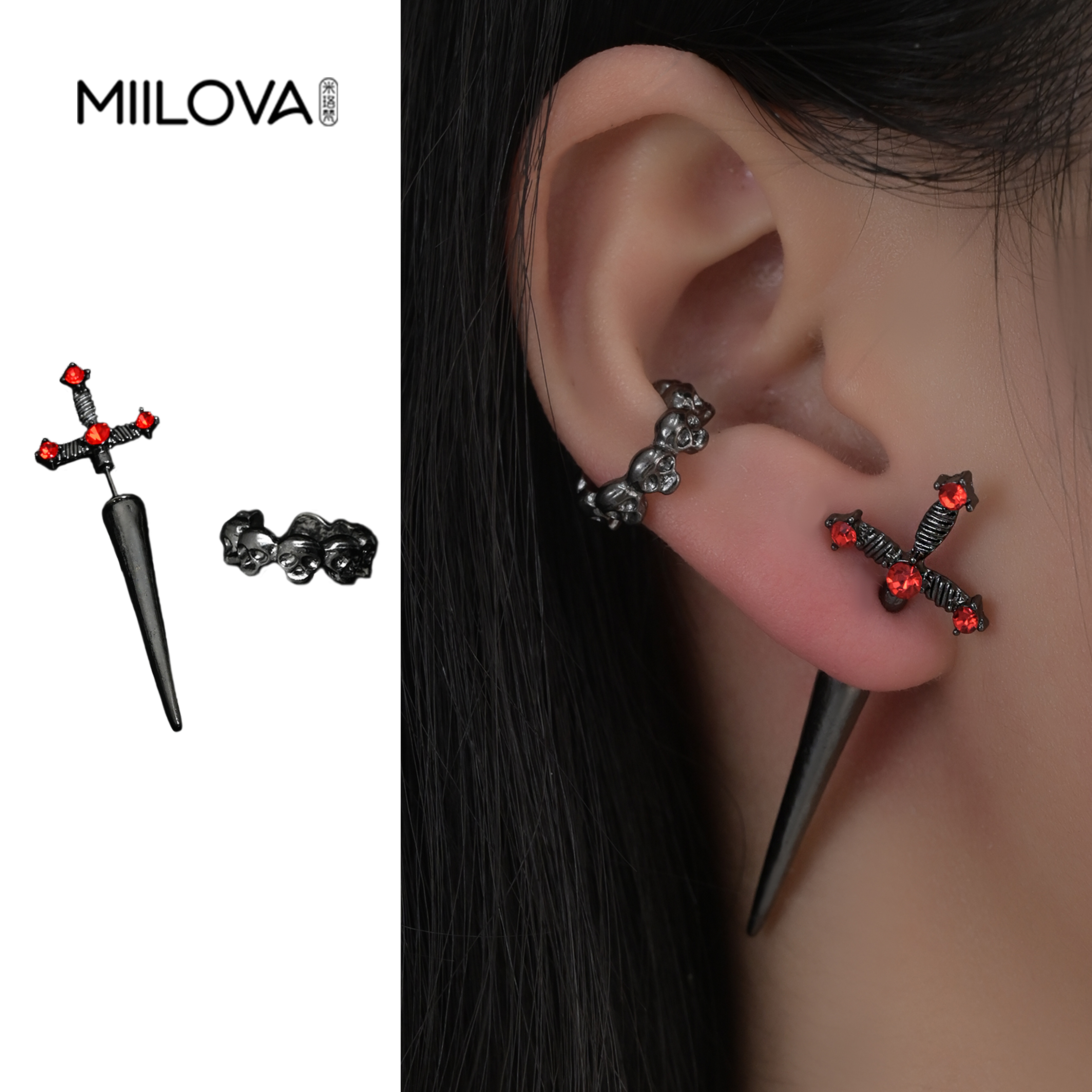 朋克哥特风暗黑十字架耳钉冷淡风