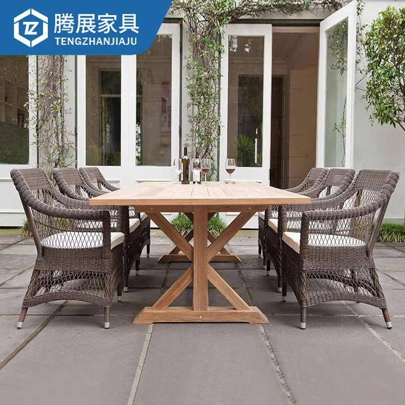 户外家具庭院桌椅现代简约室外藤椅露天柚木餐桌藤编休闲一桌六椅