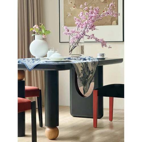 中古全实木餐桌家用小户型法式长方形黑色饭桌子圆桌设计师工作台