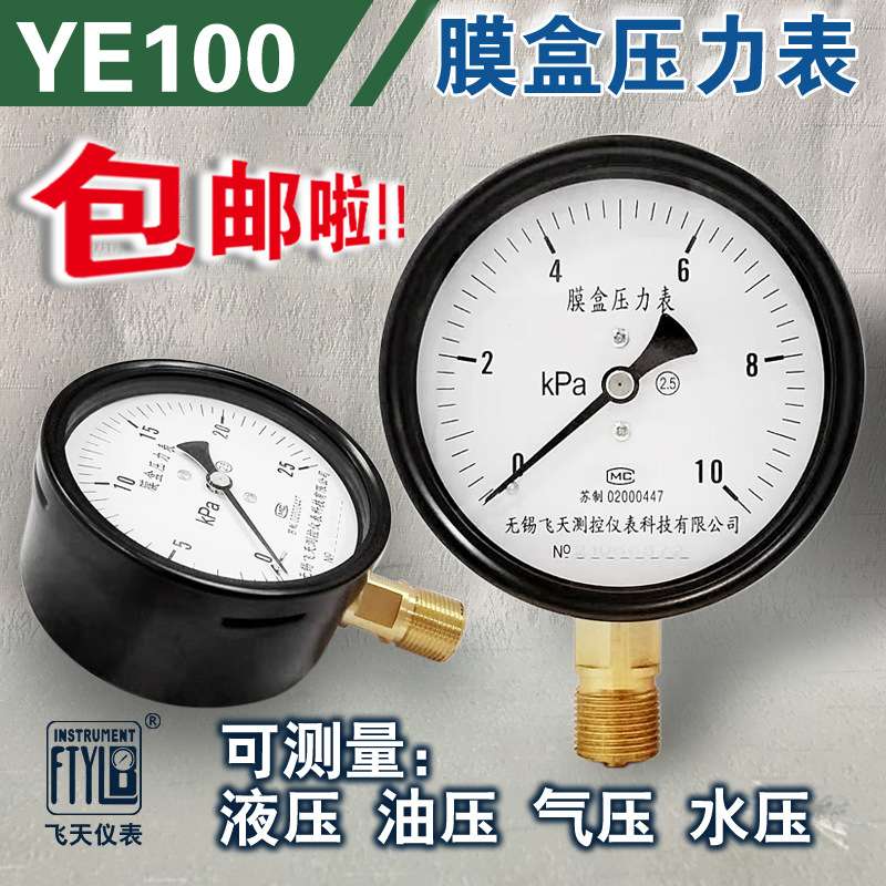 无锡飞天仪表厂家直销YE100径向膜盒压力表0-1.6KPa微压表千帕表