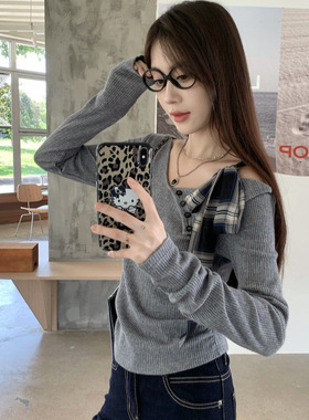 灰色不规则蝴蝶结t恤露肩女装秋季小众修身内搭长袖打底衫上衣