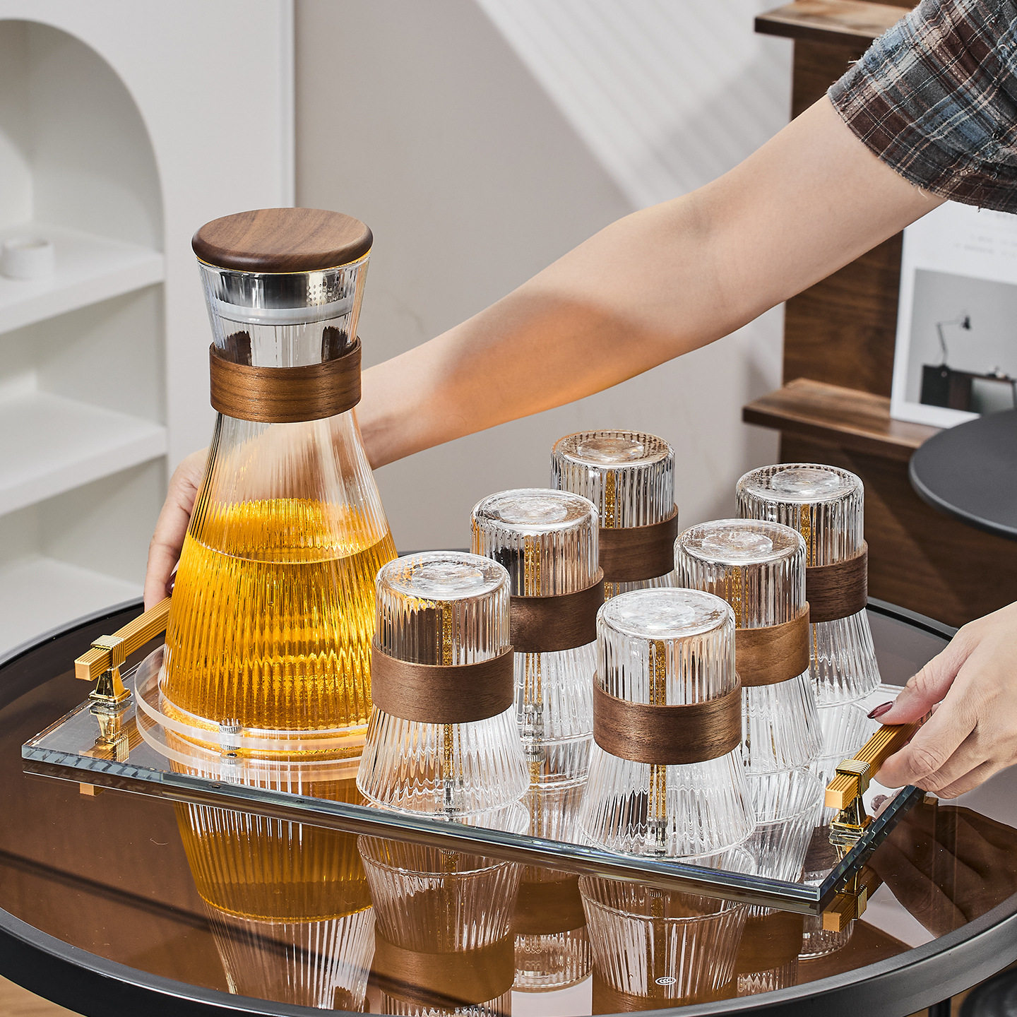 耐高温玻璃茶具套装木纹盖托盘