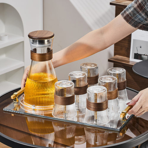 耐高温玻璃茶具套装木纹盖托盘