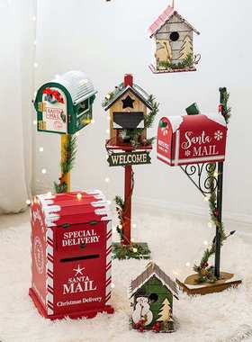 NUCHI跨境热卖圣诞节装饰品鸟屋小木屋信箱门挂橱窗场景布置摆件