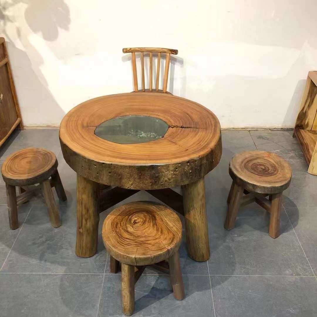 原生态家具客厅茶台香樟木独板圆形石磨茶桌椅简约小户型阳台茶几