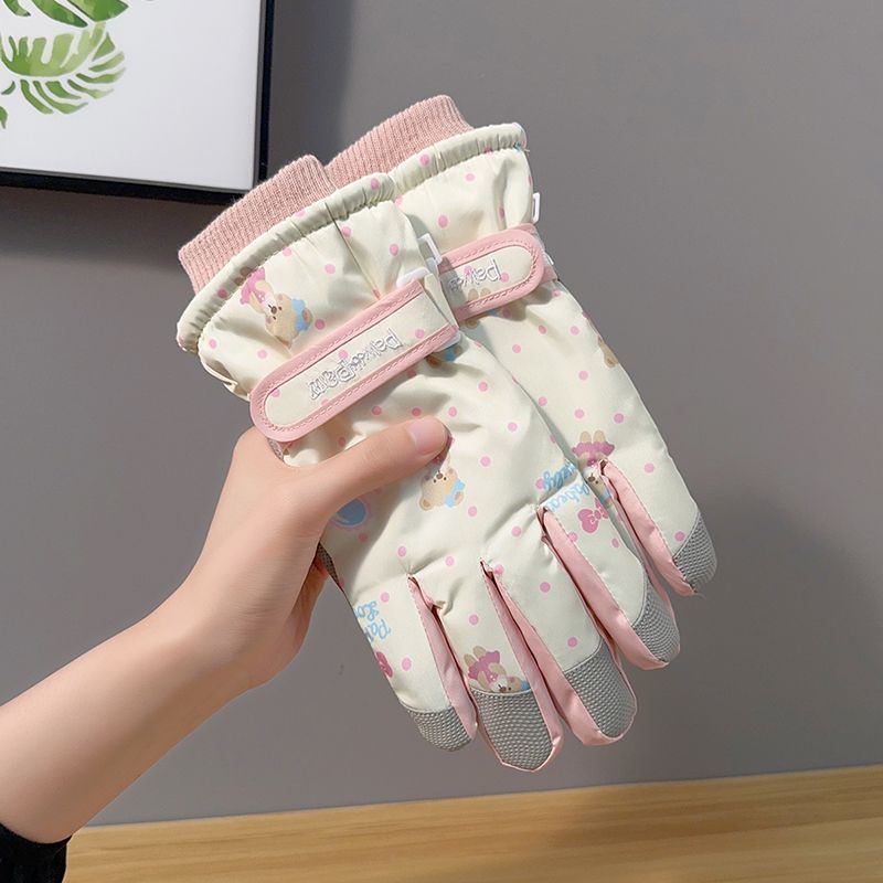 可爱小熊滑雪手套女士冬季棉保暖防寒防水加绒加厚触屏骑车防滑