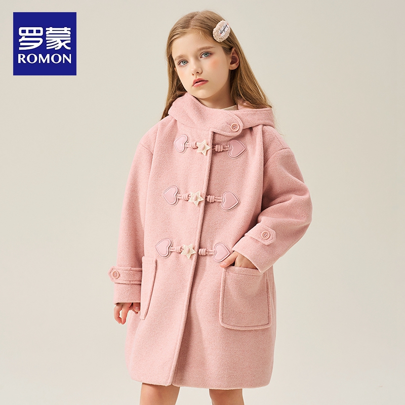 罗蒙女童羊毛大衣秋冬新款洋气儿童牛角扣粉色呢子外套大童中长款