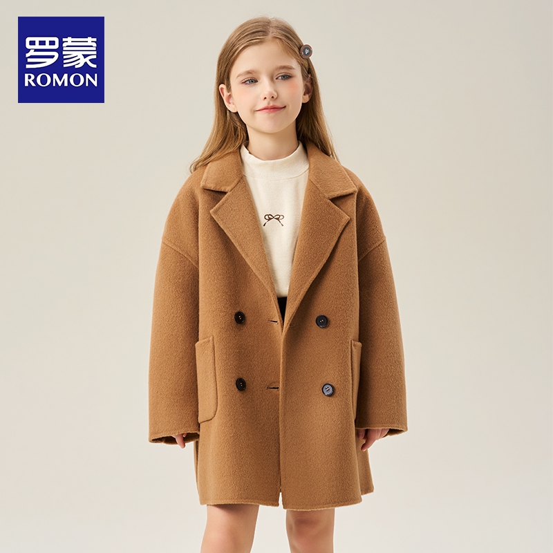 罗蒙儿童双面呢子大衣2025新款冬季女童全羊毛外套男童中长款加厚