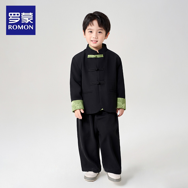 罗蒙儿童礼服国风套装西服新中式中山装盘扣2025新款演出服男童帅